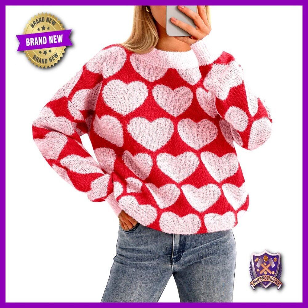 Fuzzy Knit Heart Crewneck Sweater Loose Fit Cozy Y2K Chic Valentine Pullover